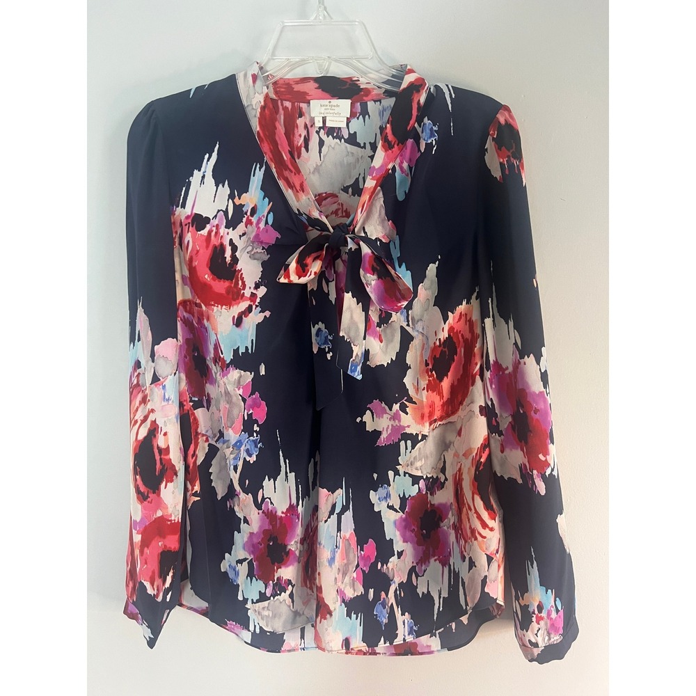 Kate Spade New York Silk Floral Bow‎ Blouse Navy Pink Red NJMU5766 Small